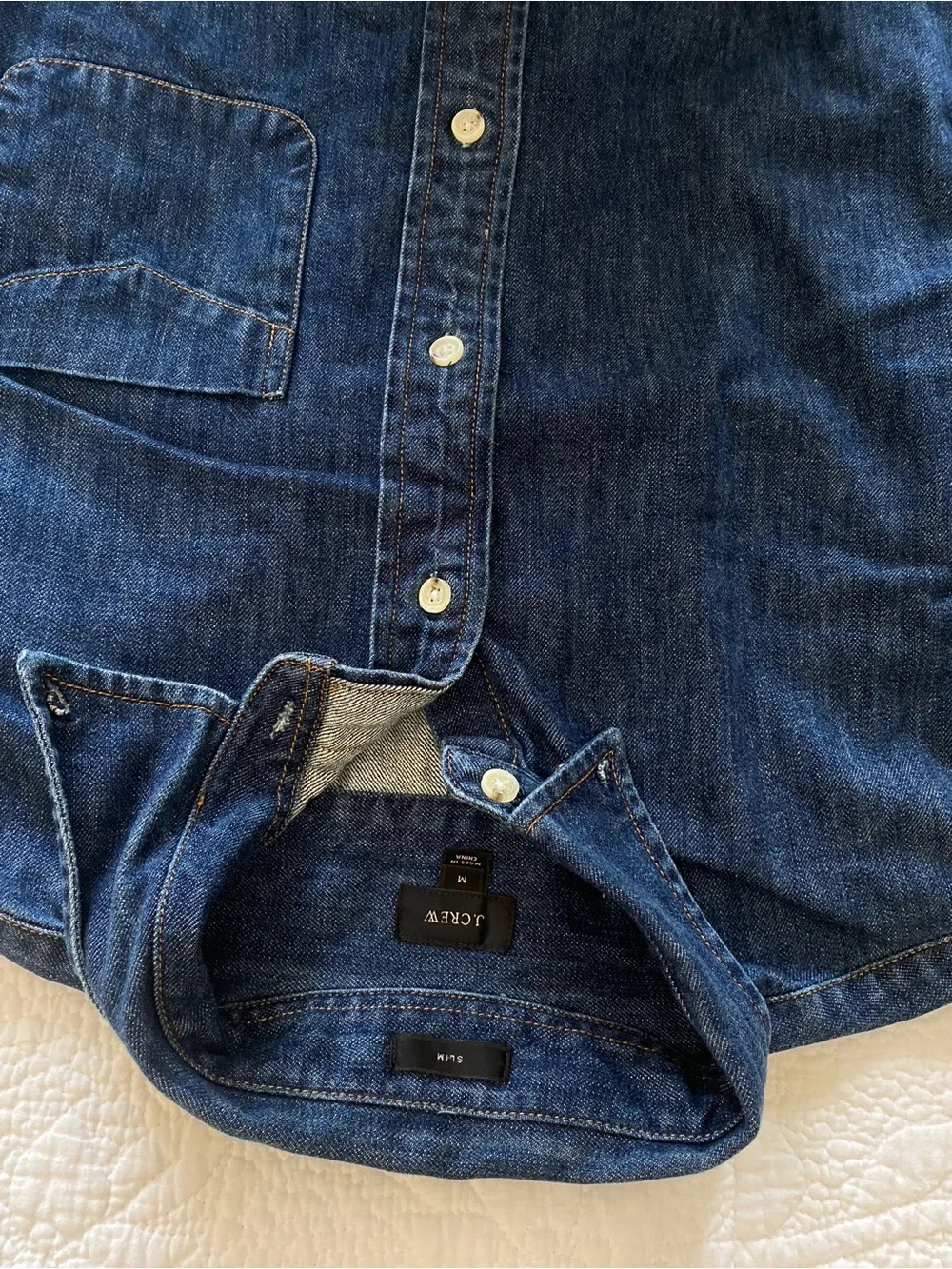 NWOT ORGANIC denim J.Crew Distressed Sleeve Denim Button Down Shirt Dark Wash